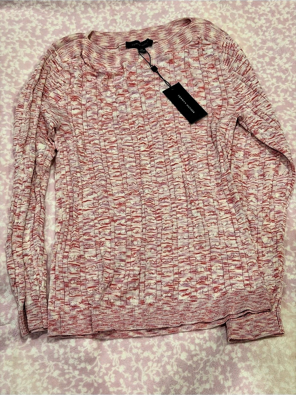 Tommy Hilfiger J1XS6477 Abstract Knit Sweater Pink & White Size Small NWT